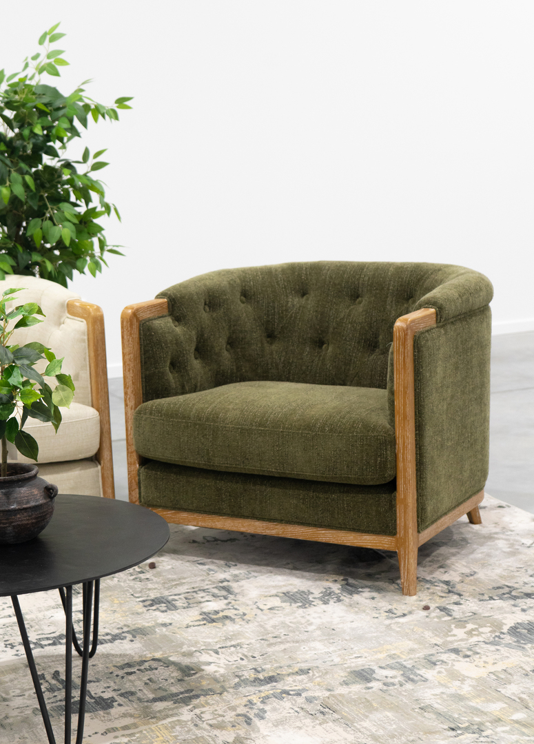 Regal 1 Seater Sofa Fabric With Washed Oak Frame -Olive Green image 1